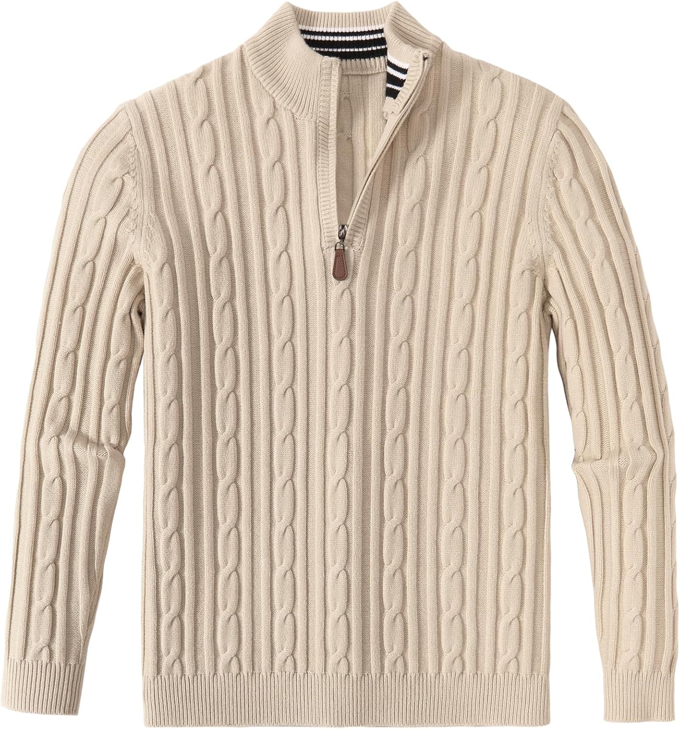 image:imageCOOFANDY Mens Quarter Zip Pullover Cable Knit Mock Neck Dress SweaterBeige
