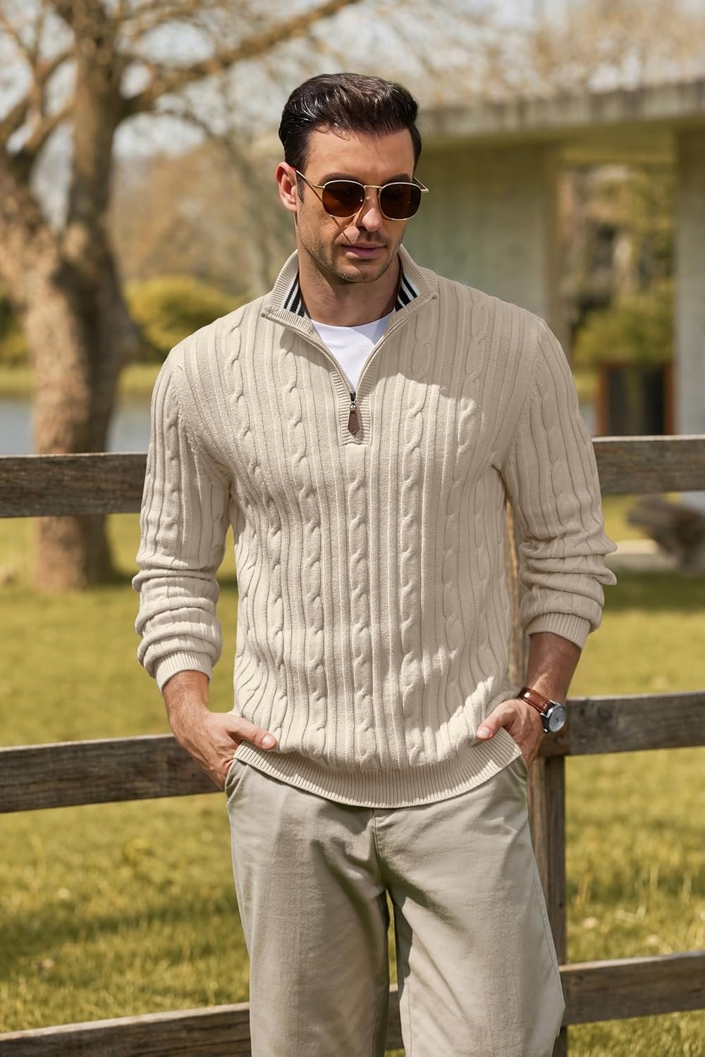 image:imageCOOFANDY Mens Quarter Zip Pullover Cable Knit Mock Neck Dress SweaterBeige
