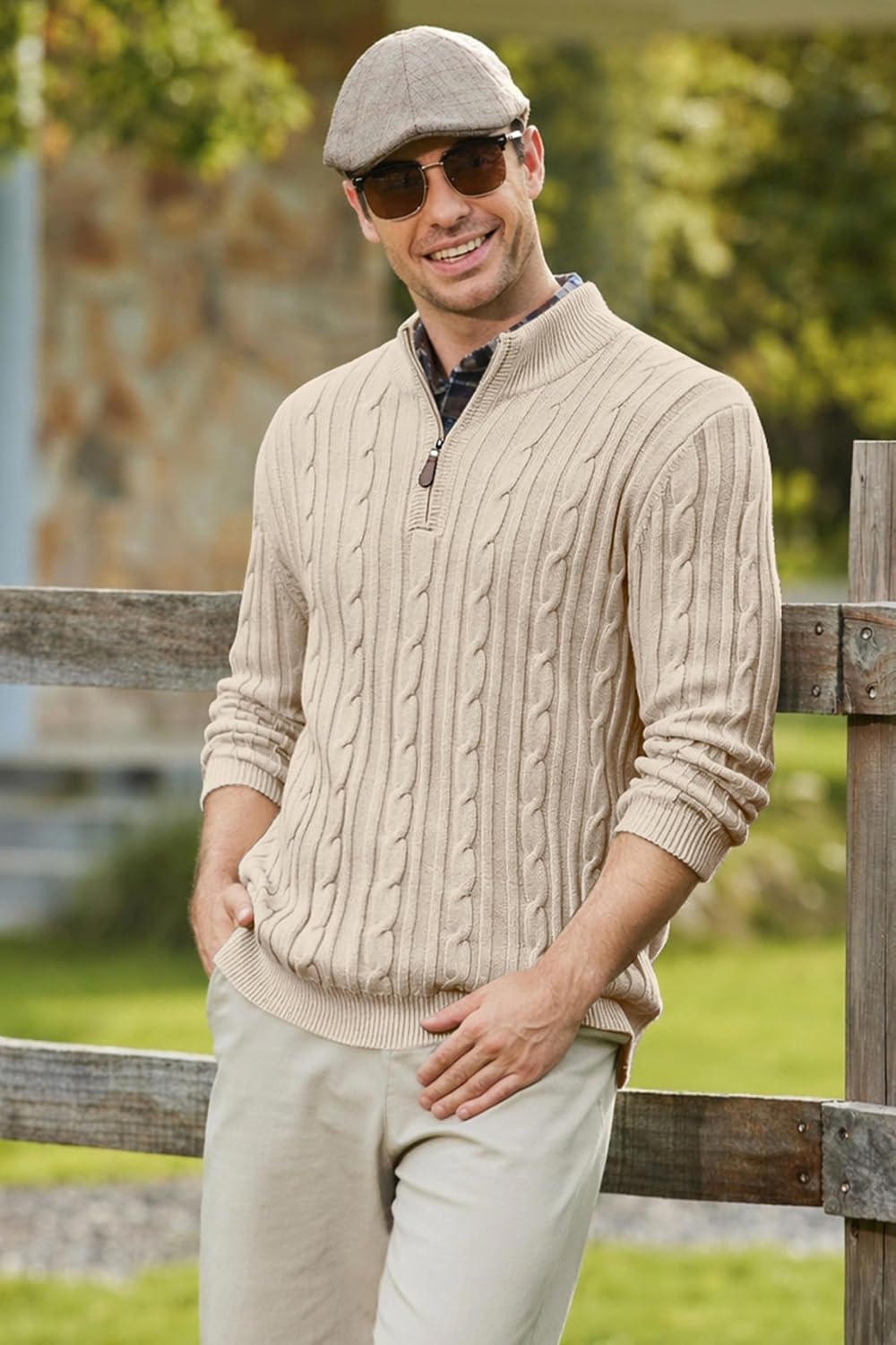 image:imageCOOFANDY Mens Quarter Zip Pullover Cable Knit Mock Neck Dress SweaterBeige