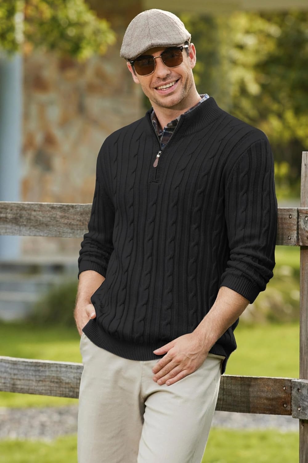 image:imageCOOFANDY Mens Quarter Zip Pullover Cable Knit Mock Neck Dress SweaterBlack