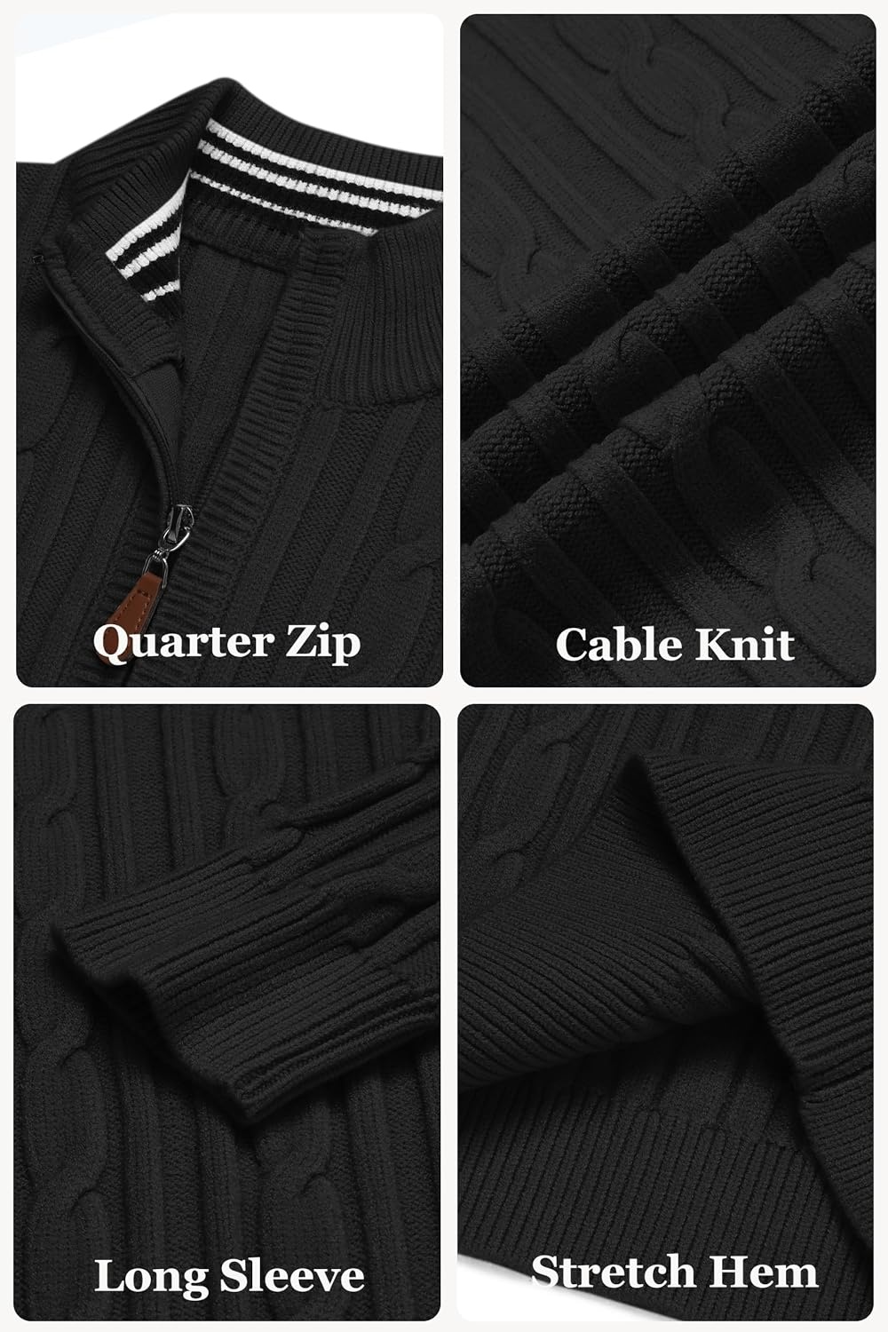 image:imageCOOFANDY Mens Quarter Zip Pullover Cable Knit Mock Neck Dress SweaterBlack