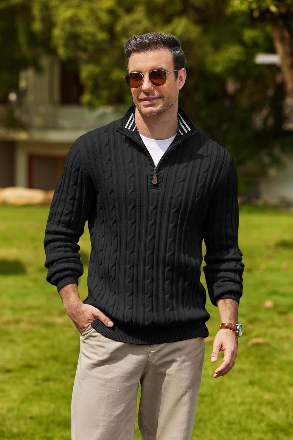 image:imageCOOFANDY Mens Quarter Zip Pullover Cable Knit Mock Neck Dress SweaterBlack