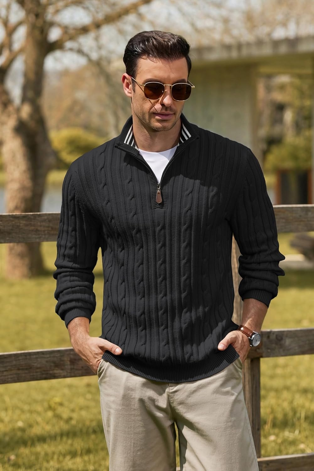 image:imageCOOFANDY Mens Quarter Zip Pullover Cable Knit Mock Neck Dress SweaterBlack