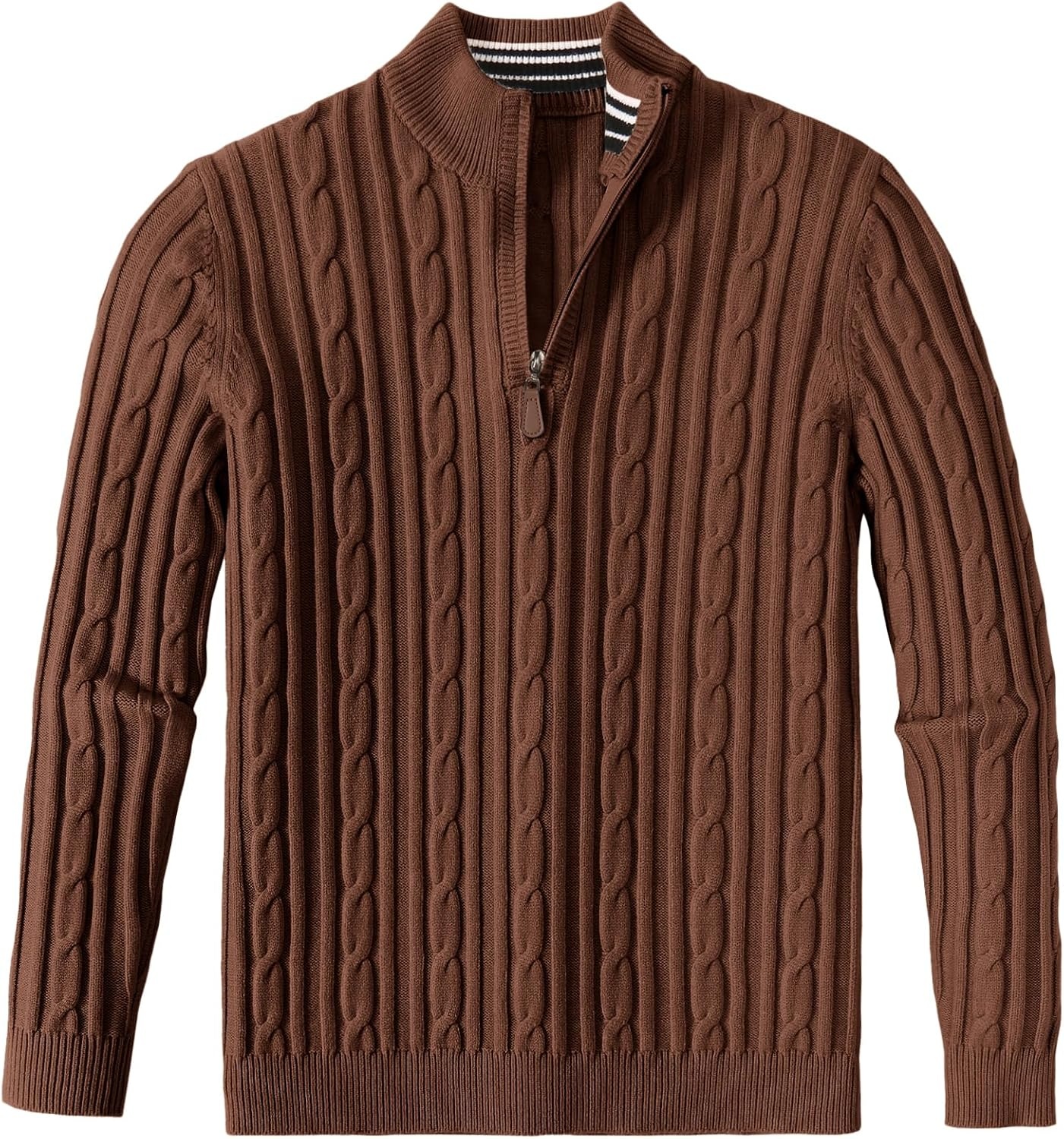 image:imageCOOFANDY Mens Quarter Zip Pullover Cable Knit Mock Neck Dress SweaterBrown