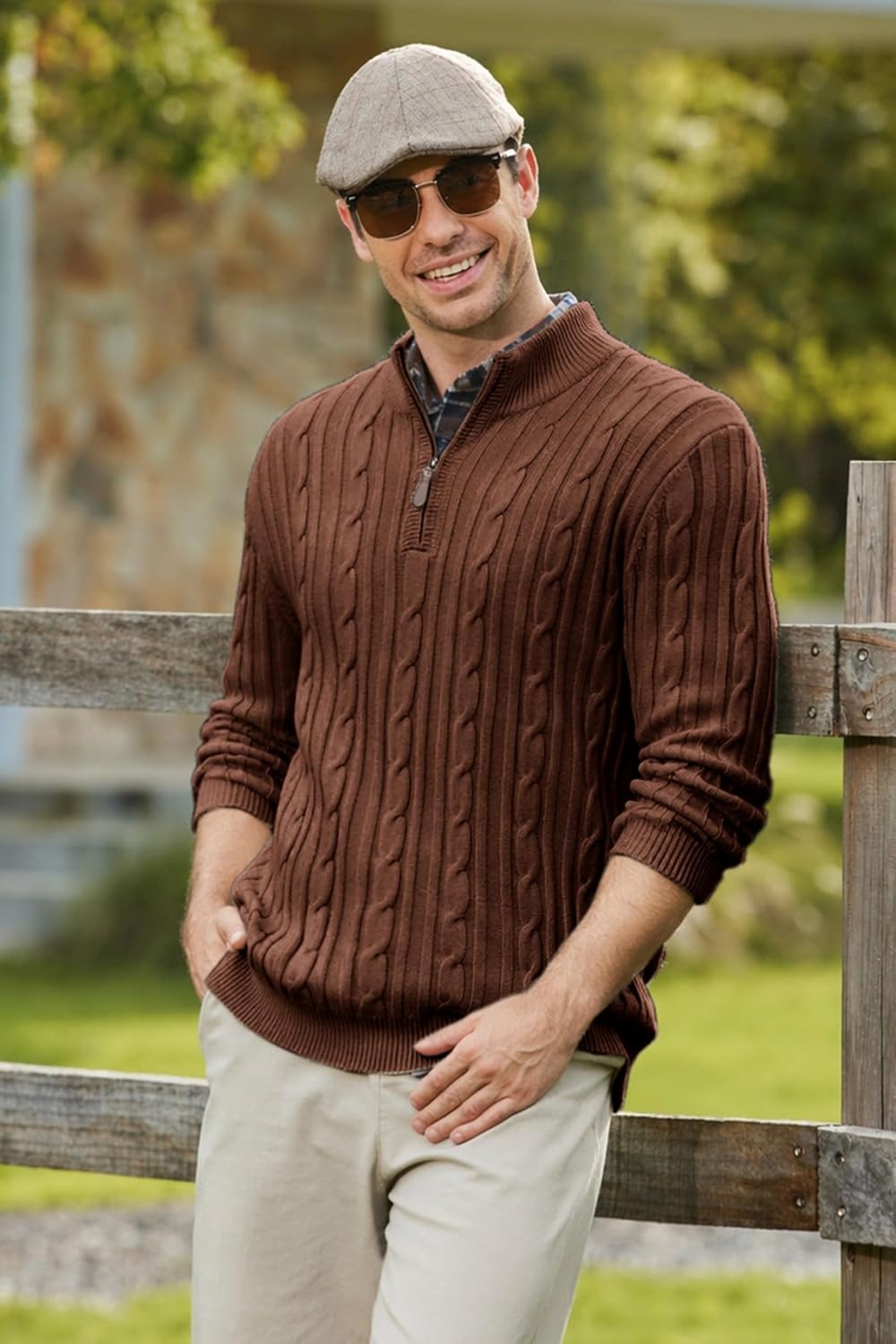 image:imageCOOFANDY Mens Quarter Zip Pullover Cable Knit Mock Neck Dress SweaterBrown