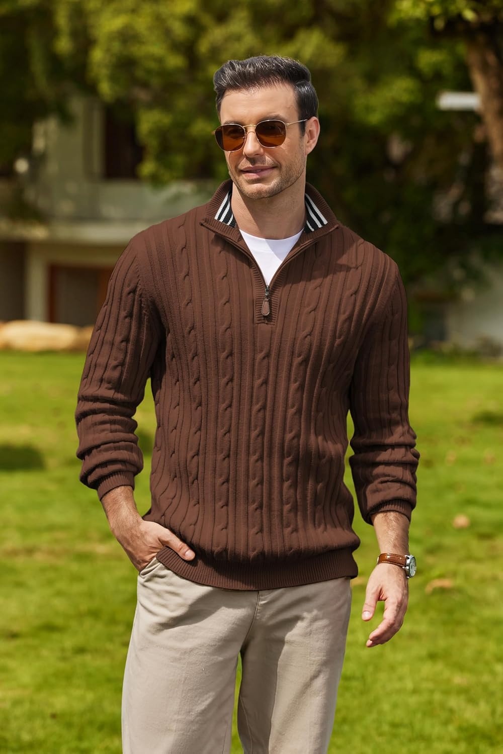 image:imageCOOFANDY Mens Quarter Zip Pullover Cable Knit Mock Neck Dress SweaterBrown