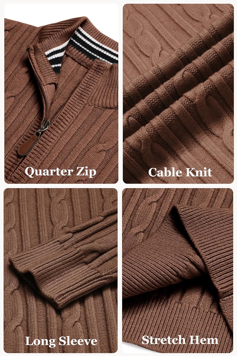 image:imageCOOFANDY Mens Quarter Zip Pullover Cable Knit Mock Neck Dress SweaterBrown