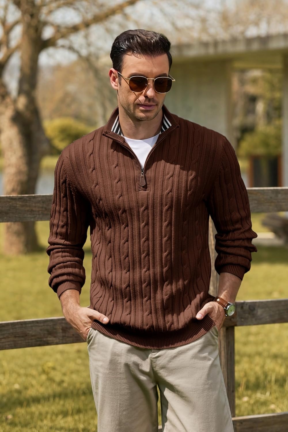 image:imageCOOFANDY Mens Quarter Zip Pullover Cable Knit Mock Neck Dress SweaterBrown