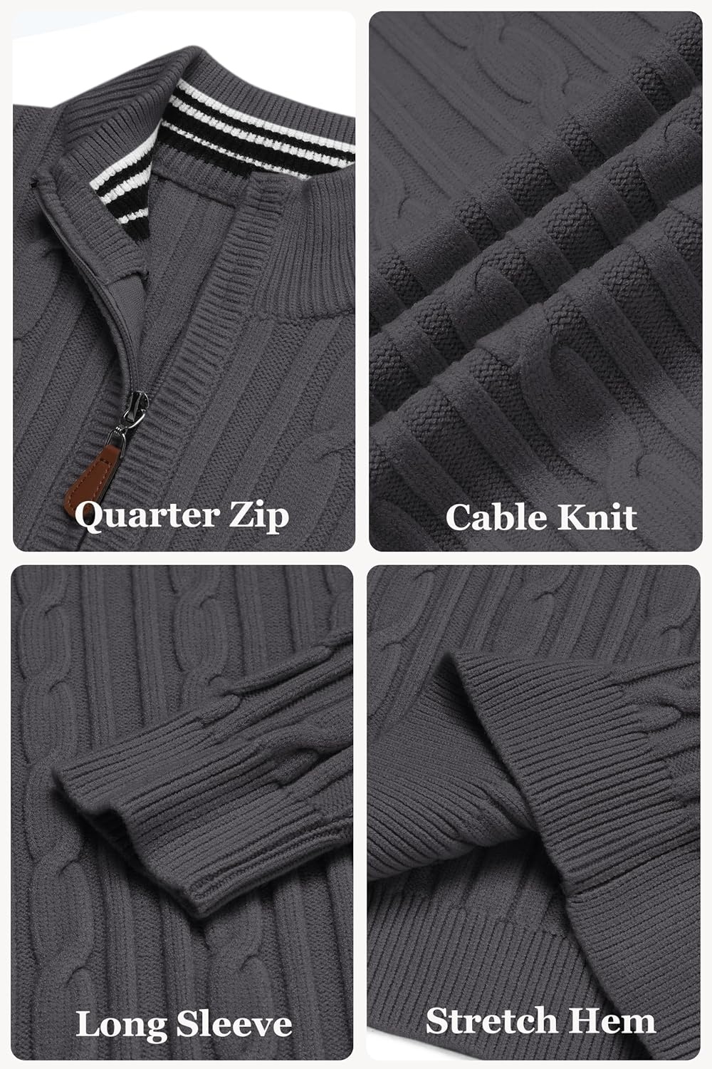 image:imageCOOFANDY Mens Quarter Zip Pullover Cable Knit Mock Neck Dress SweaterDark Grey
