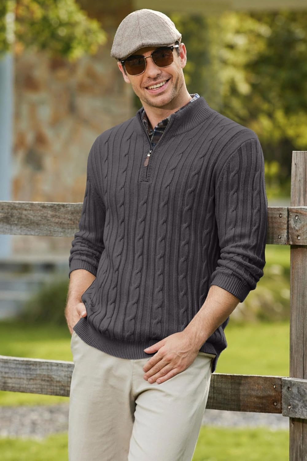image:imageCOOFANDY Mens Quarter Zip Pullover Cable Knit Mock Neck Dress SweaterDark Grey