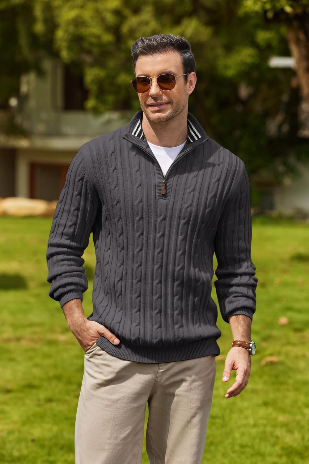 image:imageCOOFANDY Mens Quarter Zip Pullover Cable Knit Mock Neck Dress SweaterDark Grey