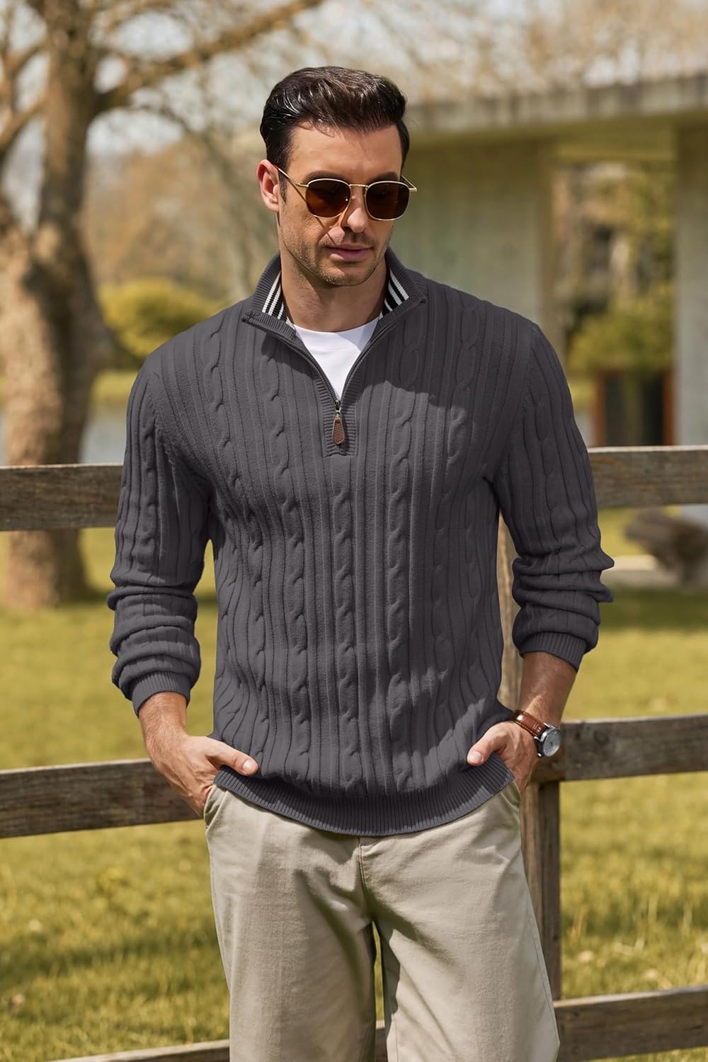 image:imageCOOFANDY Mens Quarter Zip Pullover Cable Knit Mock Neck Dress SweaterDark Grey