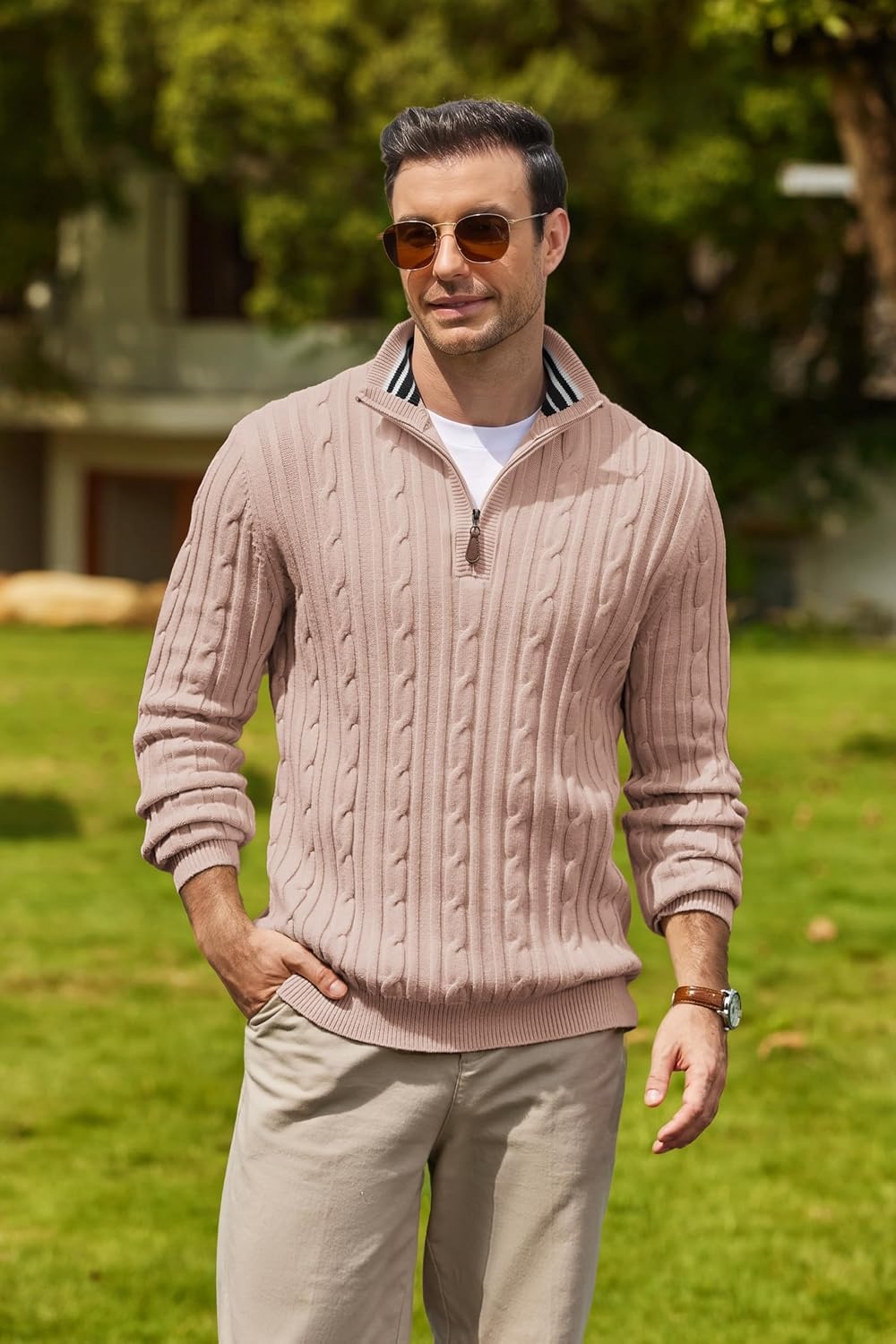 image:imageCOOFANDY Mens Quarter Zip Pullover Cable Knit Mock Neck Dress SweaterKhaki