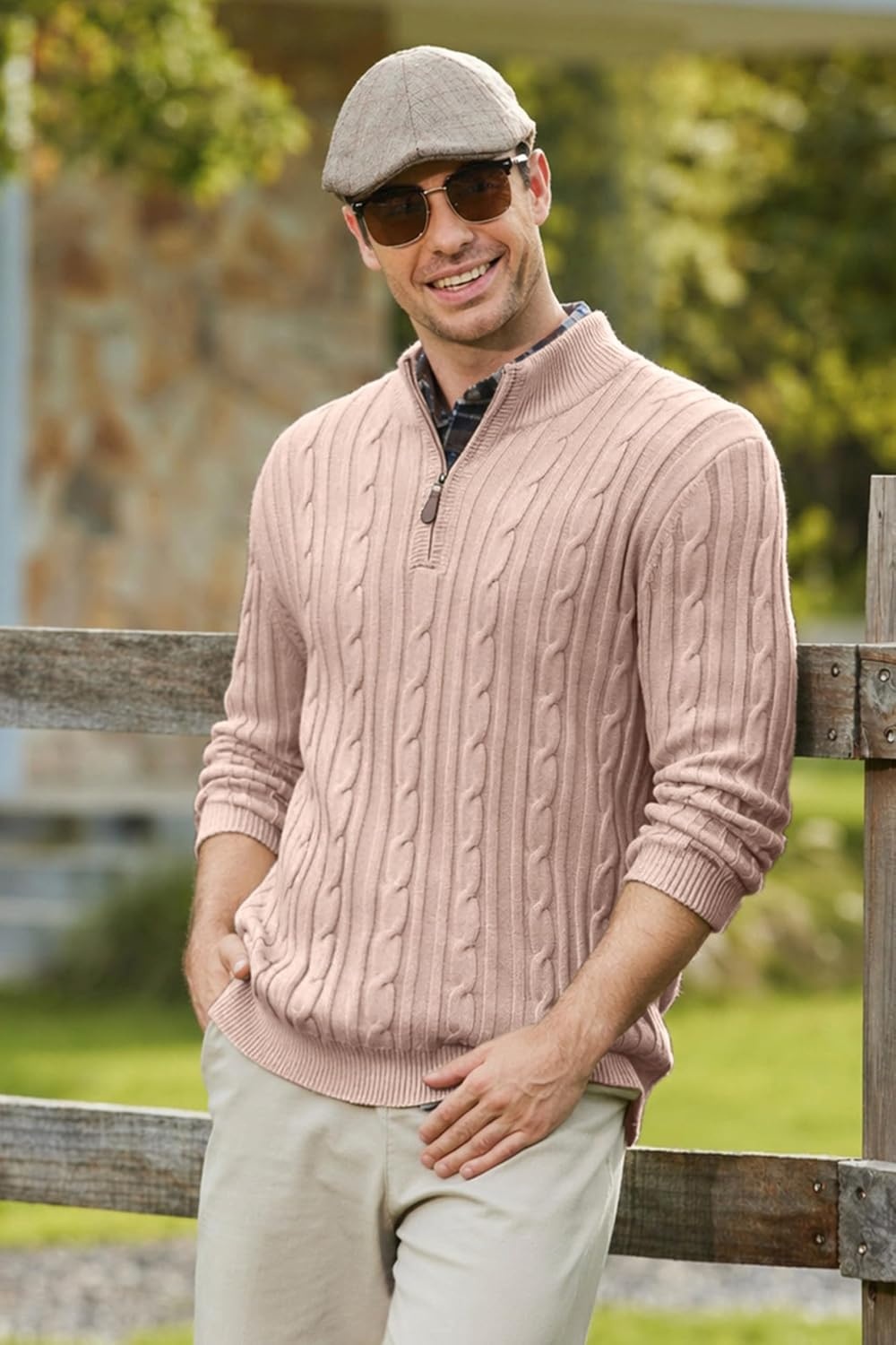 image:imageCOOFANDY Mens Quarter Zip Pullover Cable Knit Mock Neck Dress SweaterKhaki