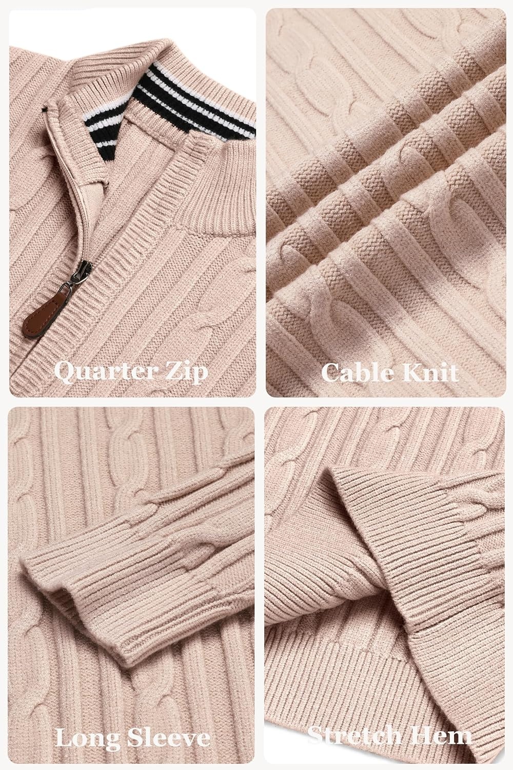 image:imageCOOFANDY Mens Quarter Zip Pullover Cable Knit Mock Neck Dress SweaterKhaki