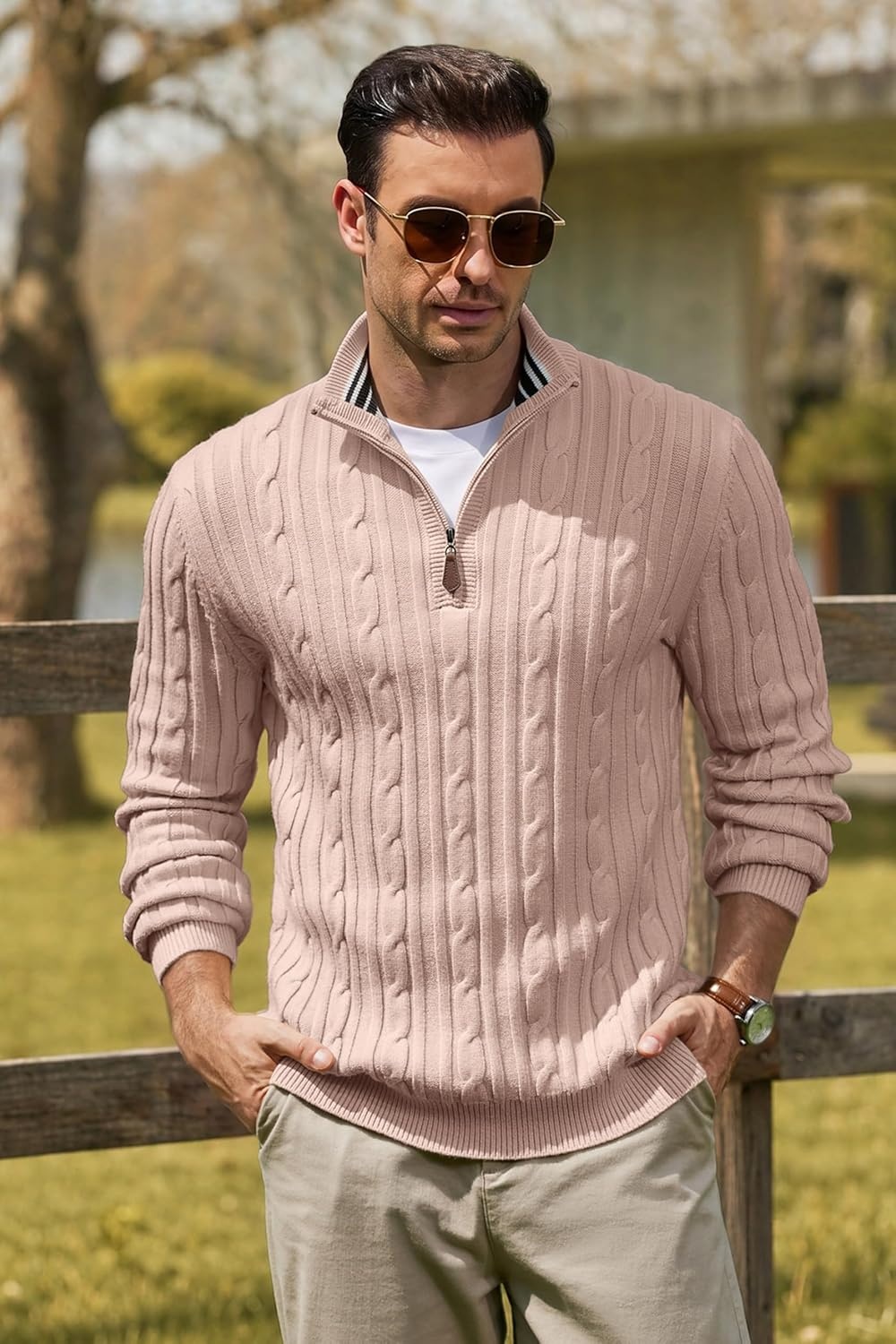 image:imageCOOFANDY Mens Quarter Zip Pullover Cable Knit Mock Neck Dress SweaterKhaki
