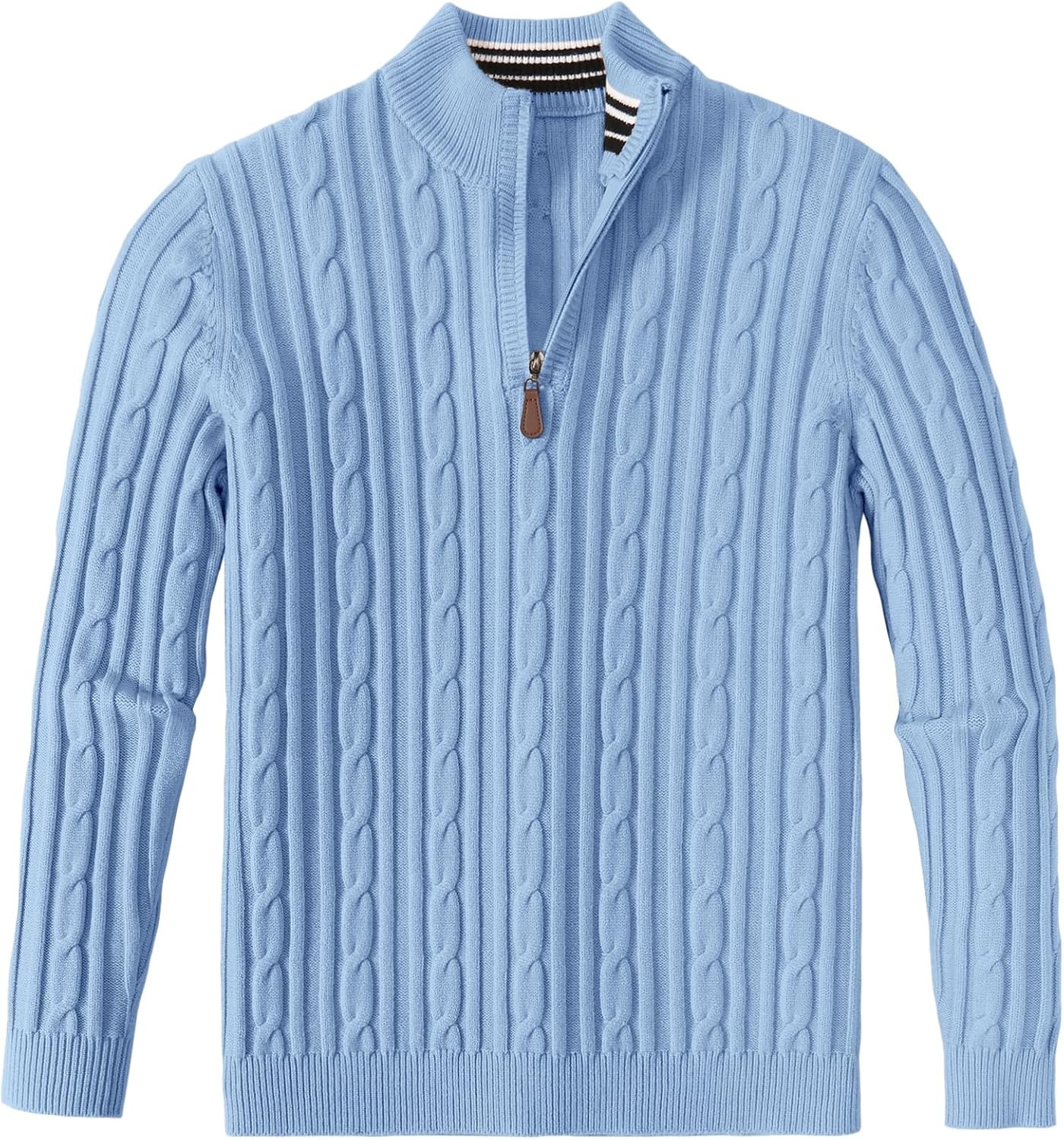 image:imageCOOFANDY Mens Quarter Zip Pullover Cable Knit Mock Neck Dress SweaterLight Blue