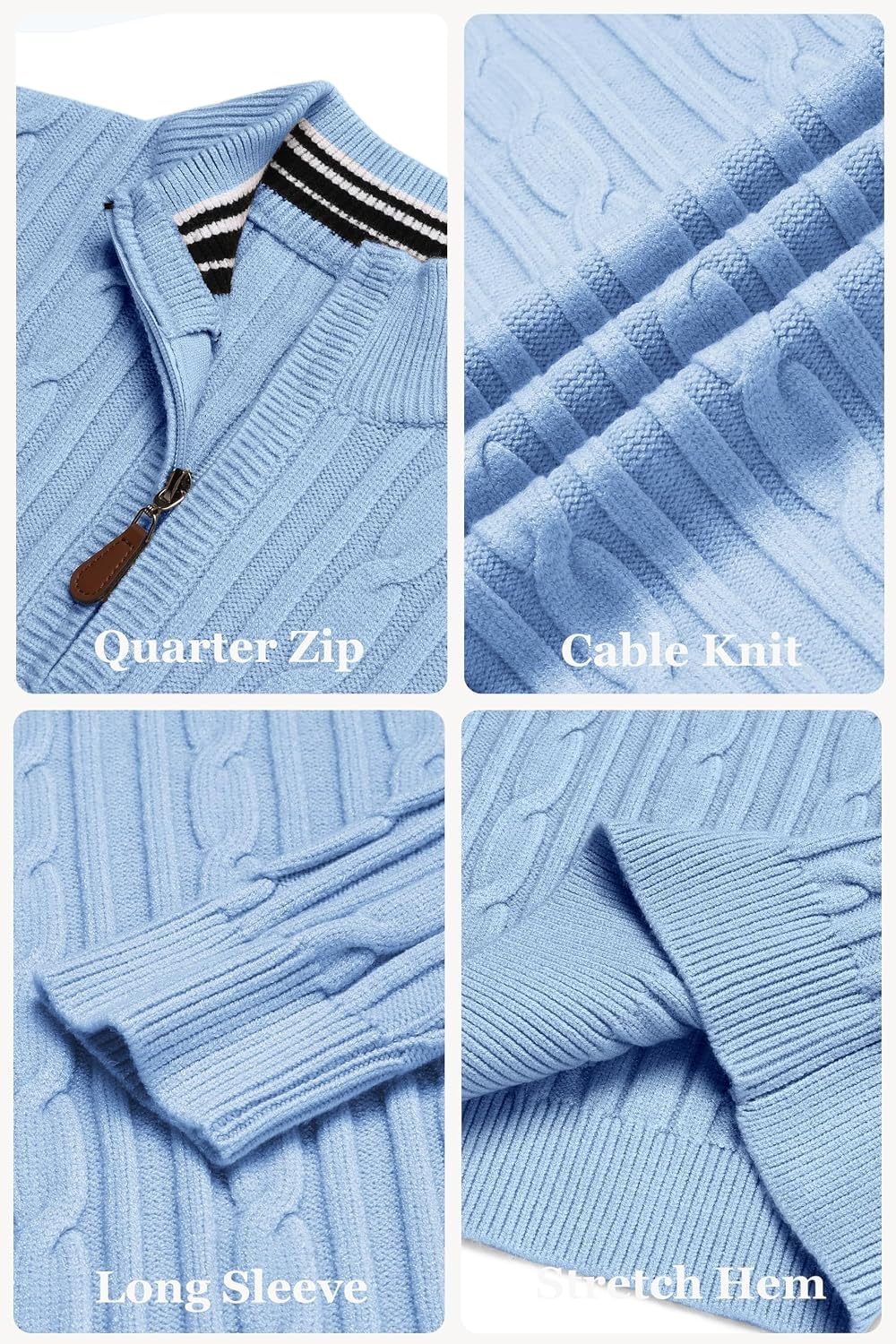 image:imageCOOFANDY Mens Quarter Zip Pullover Cable Knit Mock Neck Dress SweaterLight Blue