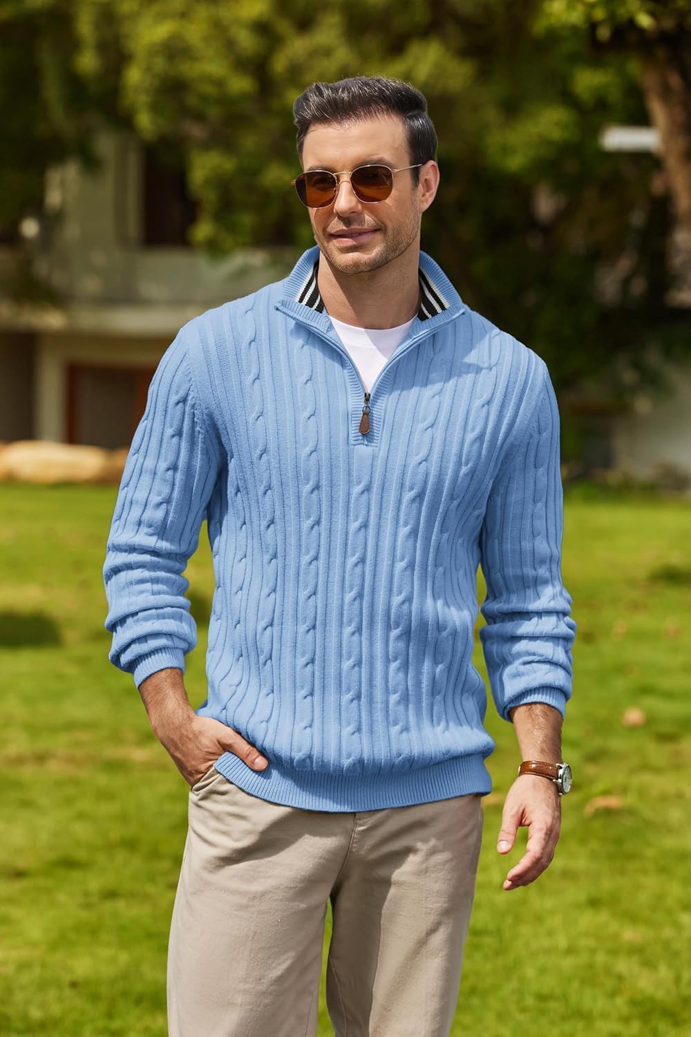 image:imageCOOFANDY Mens Quarter Zip Pullover Cable Knit Mock Neck Dress SweaterLight Blue
