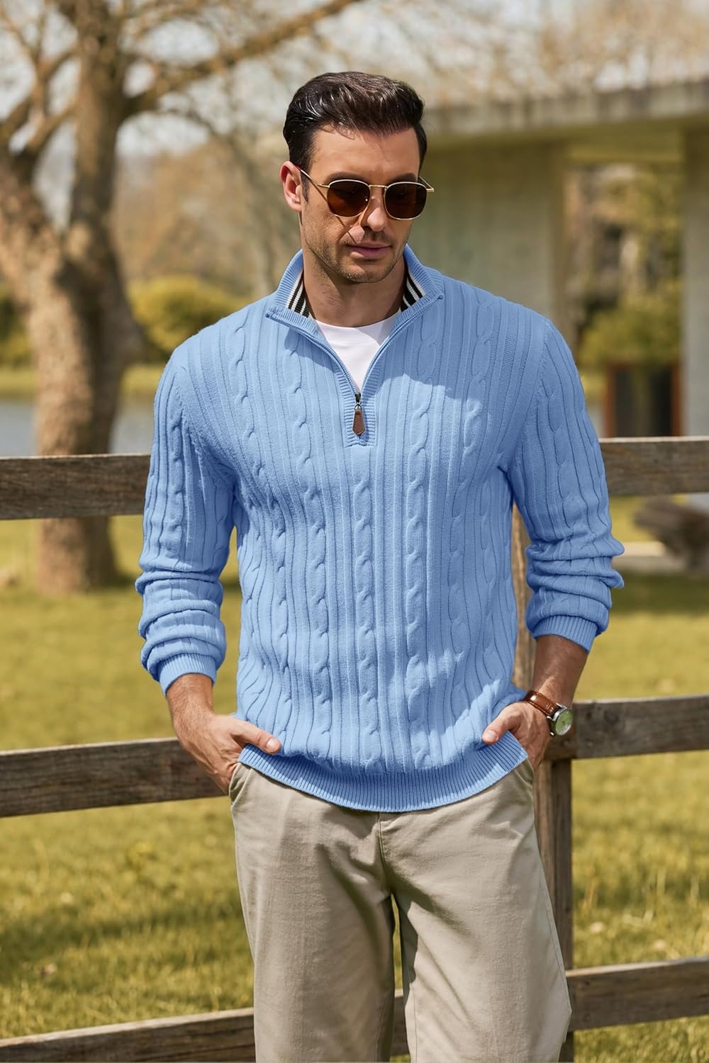 image:imageCOOFANDY Mens Quarter Zip Pullover Cable Knit Mock Neck Dress SweaterLight Blue