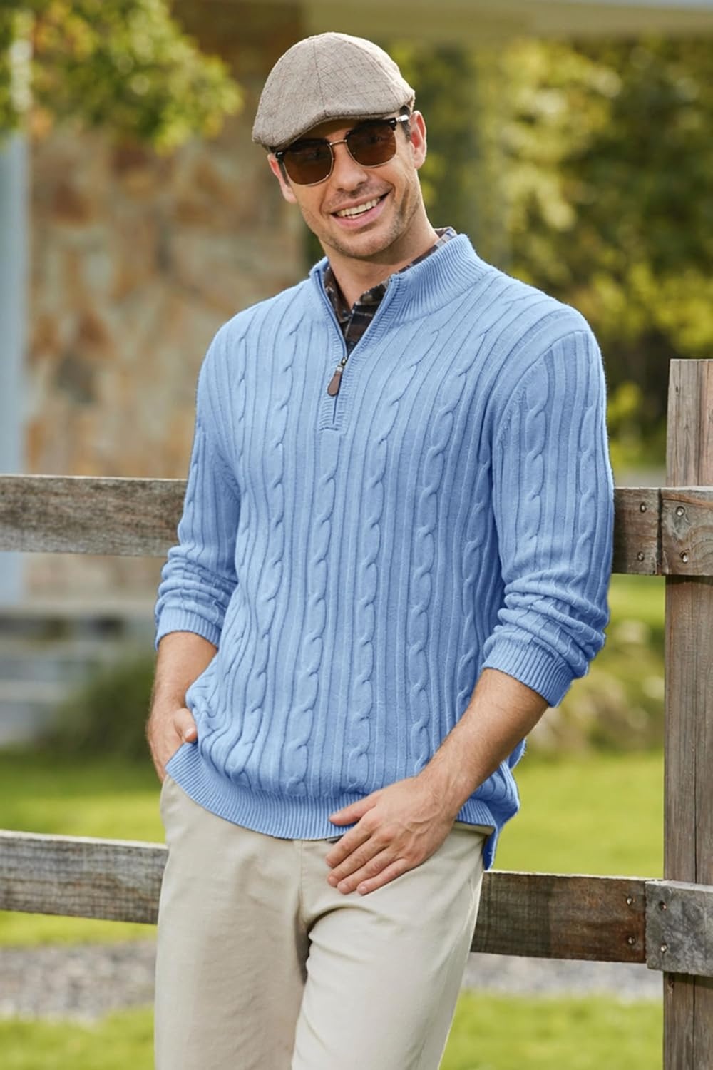 image:imageCOOFANDY Mens Quarter Zip Pullover Cable Knit Mock Neck Dress SweaterLight Blue