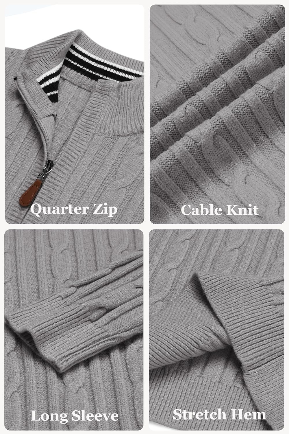 image:imageCOOFANDY Mens Quarter Zip Pullover Cable Knit Mock Neck Dress SweaterLight Grey