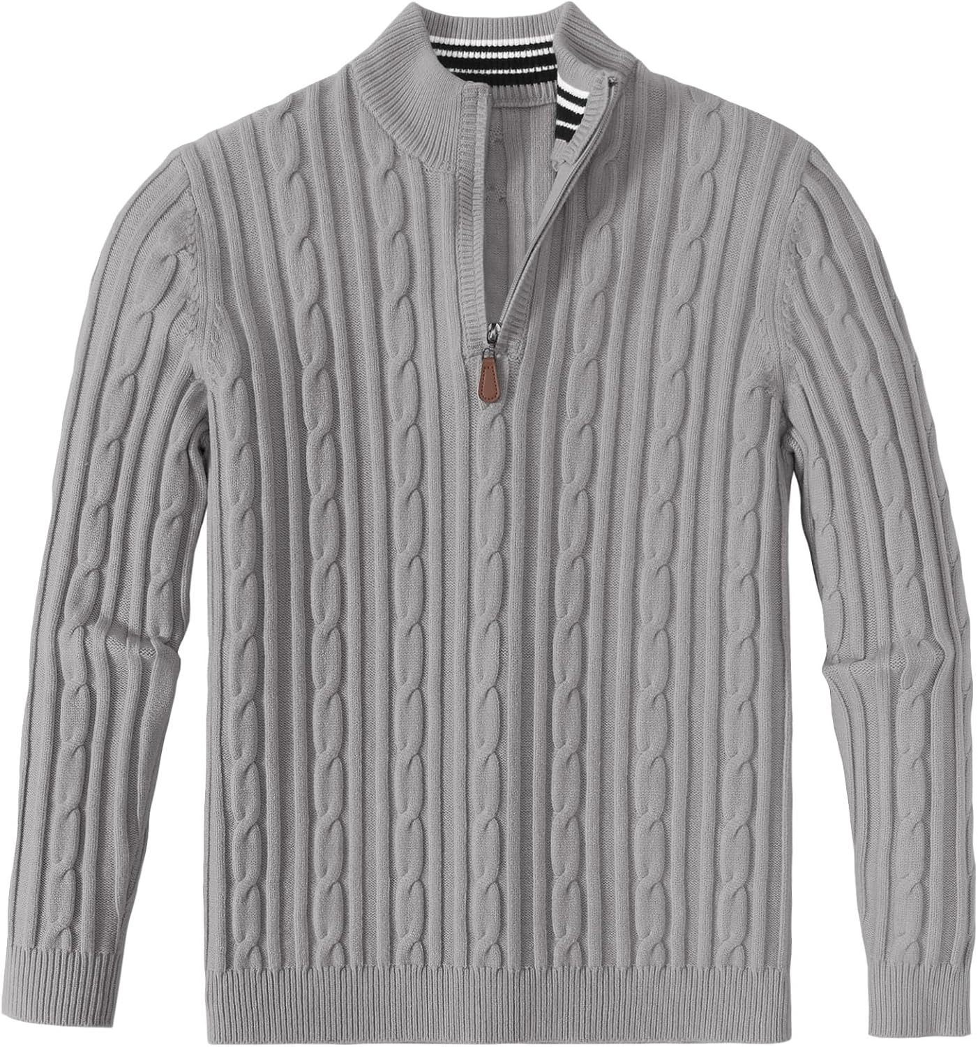 image:imageCOOFANDY Mens Quarter Zip Pullover Cable Knit Mock Neck Dress SweaterLight Grey
