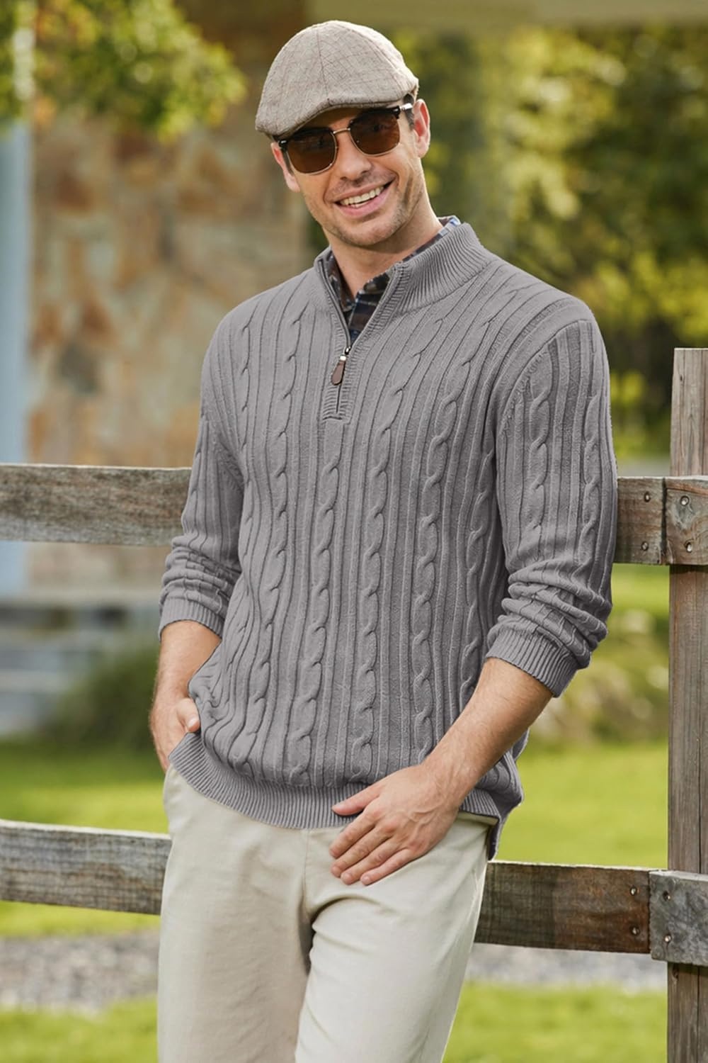image:imageCOOFANDY Mens Quarter Zip Pullover Cable Knit Mock Neck Dress SweaterLight Grey