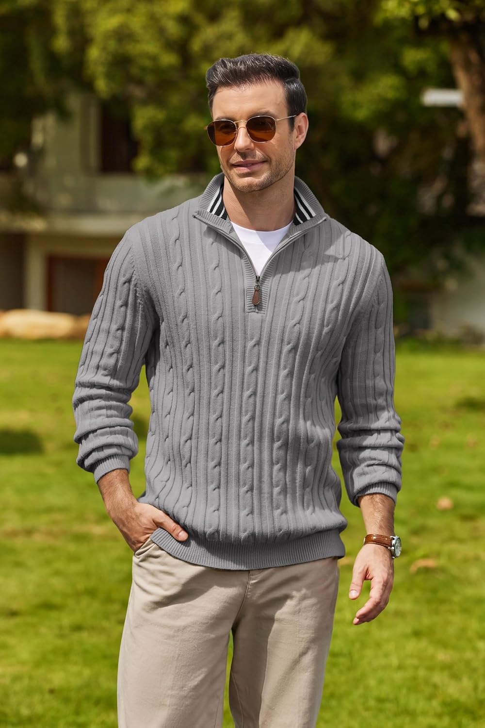 image:imageCOOFANDY Mens Quarter Zip Pullover Cable Knit Mock Neck Dress SweaterLight Grey