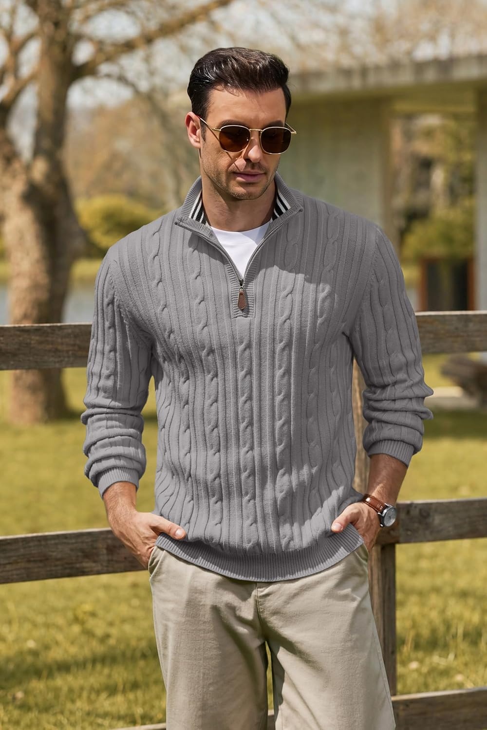 image:imageCOOFANDY Mens Quarter Zip Pullover Cable Knit Mock Neck Dress SweaterLight Grey