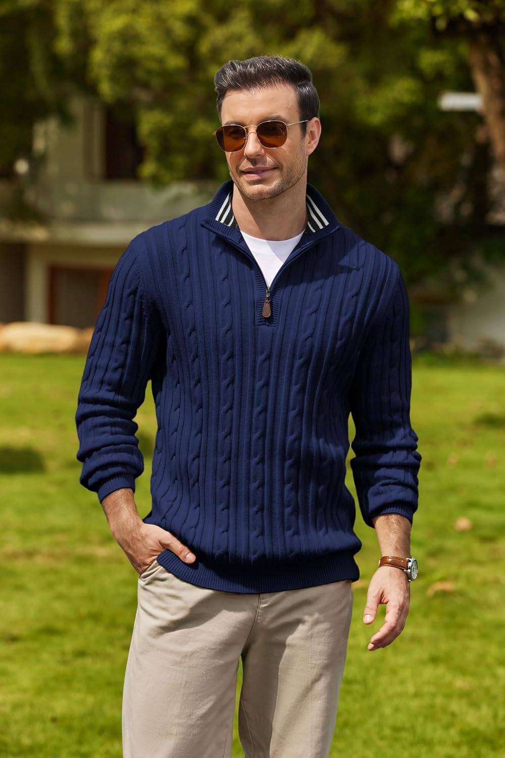 image:imageCOOFANDY Mens Quarter Zip Pullover Cable Knit Mock Neck Dress SweaterNavy Blue