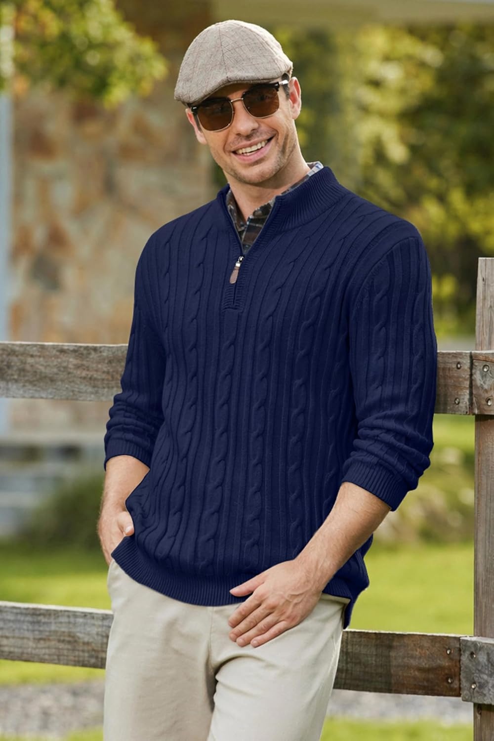 image:imageCOOFANDY Mens Quarter Zip Pullover Cable Knit Mock Neck Dress SweaterNavy Blue