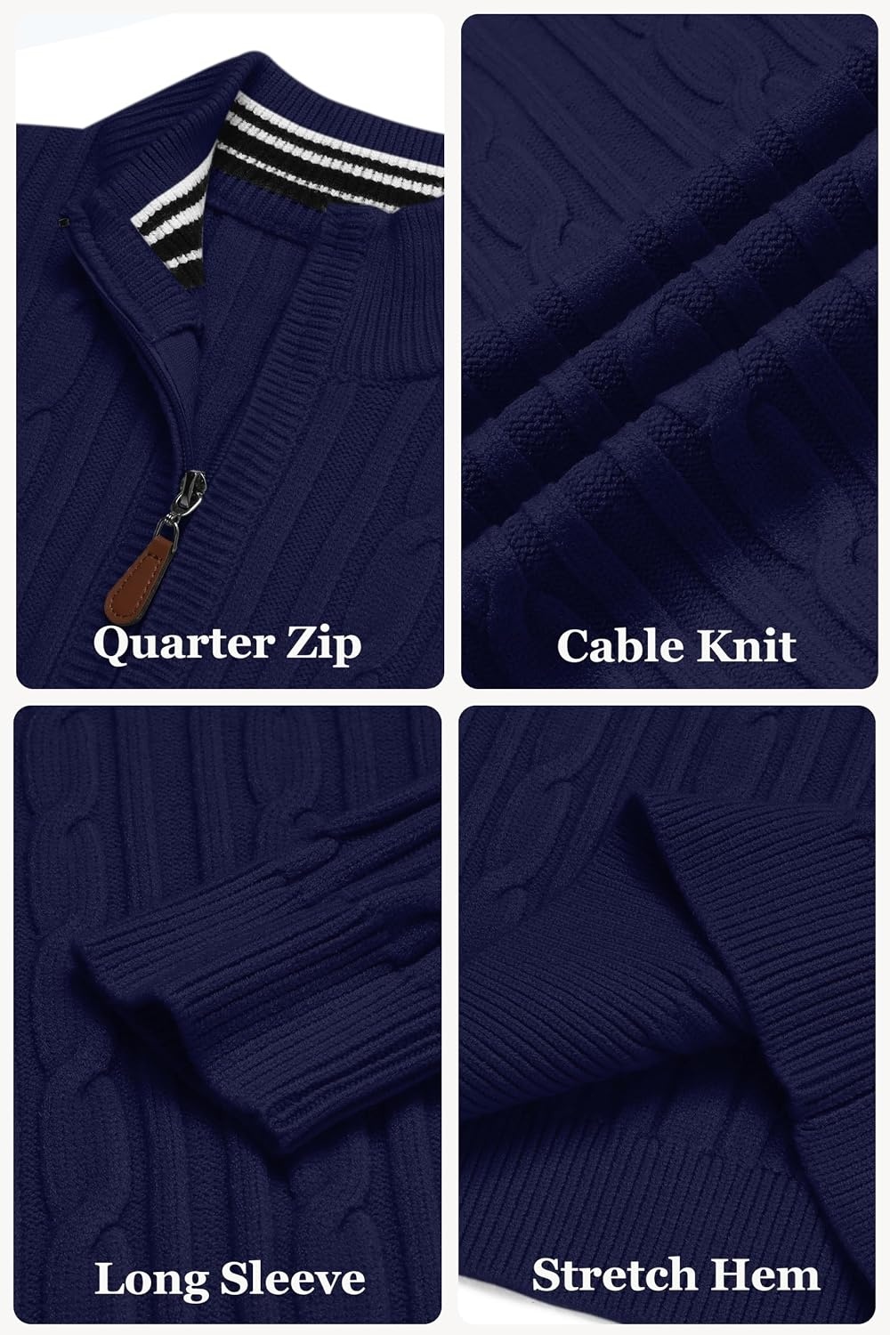 image:imageCOOFANDY Mens Quarter Zip Pullover Cable Knit Mock Neck Dress SweaterNavy Blue