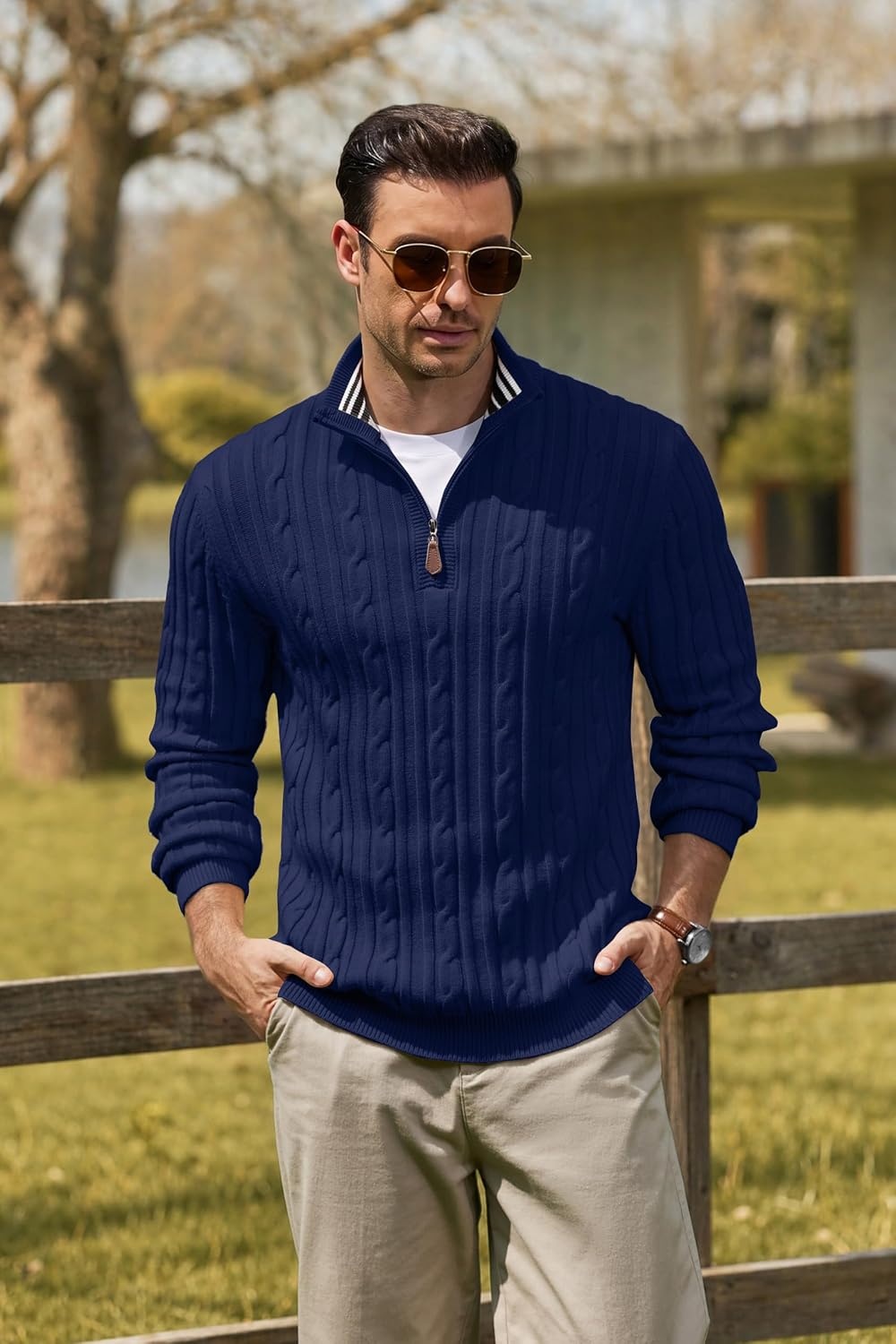 image:imageCOOFANDY Mens Quarter Zip Pullover Cable Knit Mock Neck Dress SweaterNavy Blue