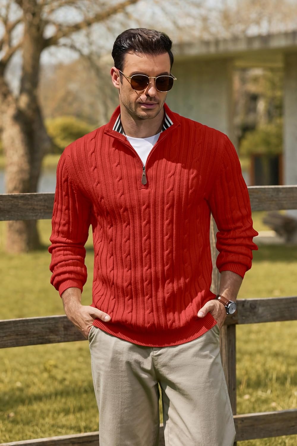 image:imageCOOFANDY Mens Quarter Zip Pullover Cable Knit Mock Neck Dress SweaterRed