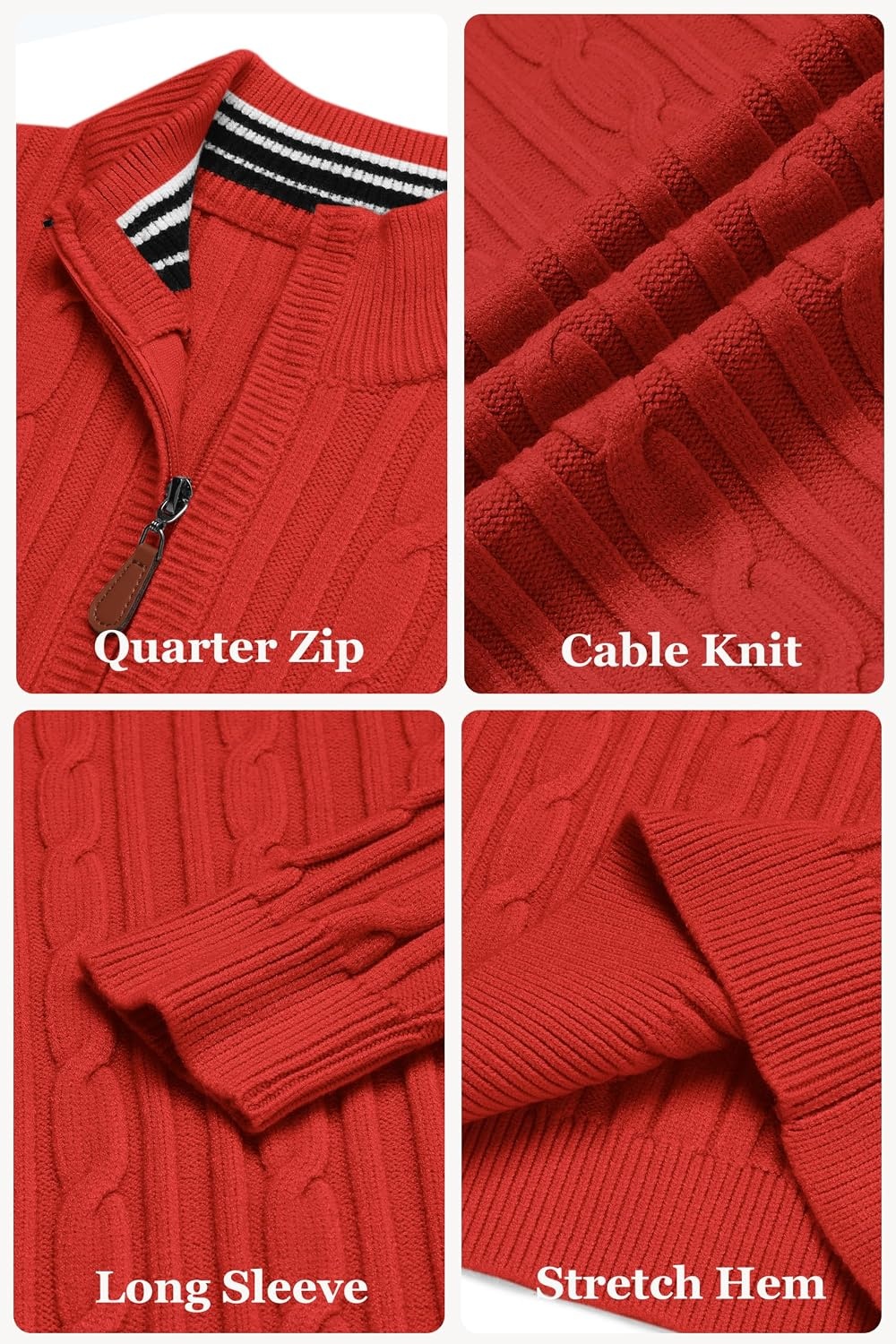 image:imageCOOFANDY Mens Quarter Zip Pullover Cable Knit Mock Neck Dress SweaterRed