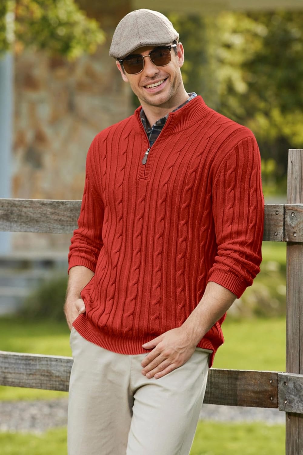 image:imageCOOFANDY Mens Quarter Zip Pullover Cable Knit Mock Neck Dress SweaterRed