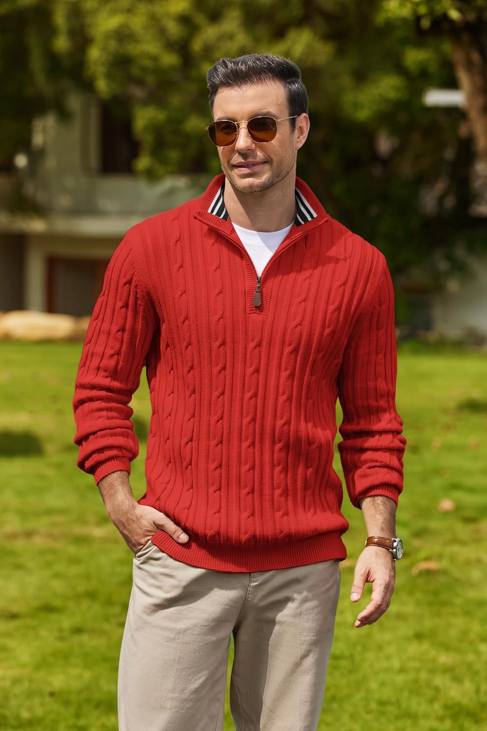 image:imageCOOFANDY Mens Quarter Zip Pullover Cable Knit Mock Neck Dress SweaterRed
