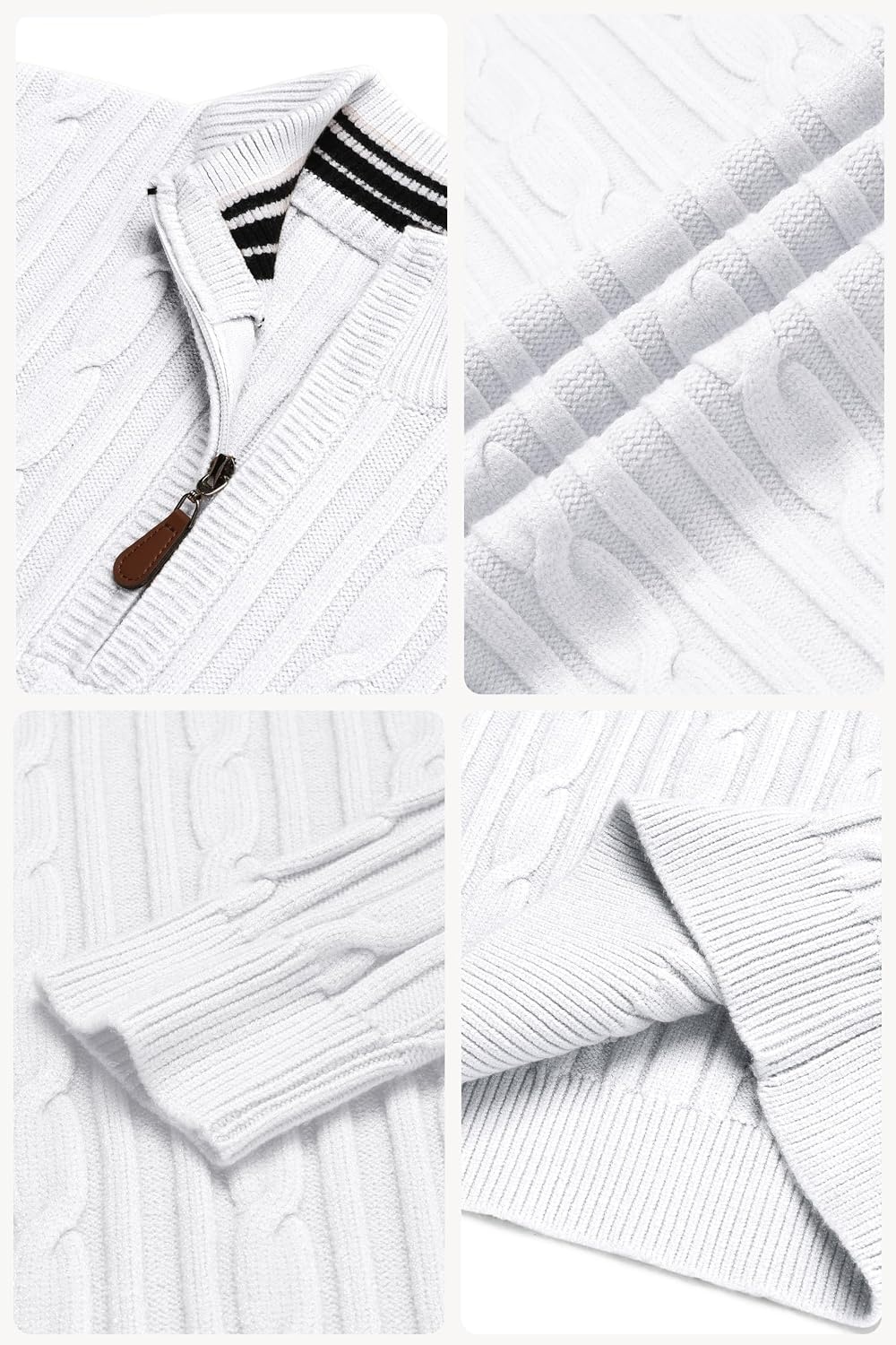 image:imageCOOFANDY Mens Quarter Zip Pullover Cable Knit Mock Neck Dress SweaterWhite