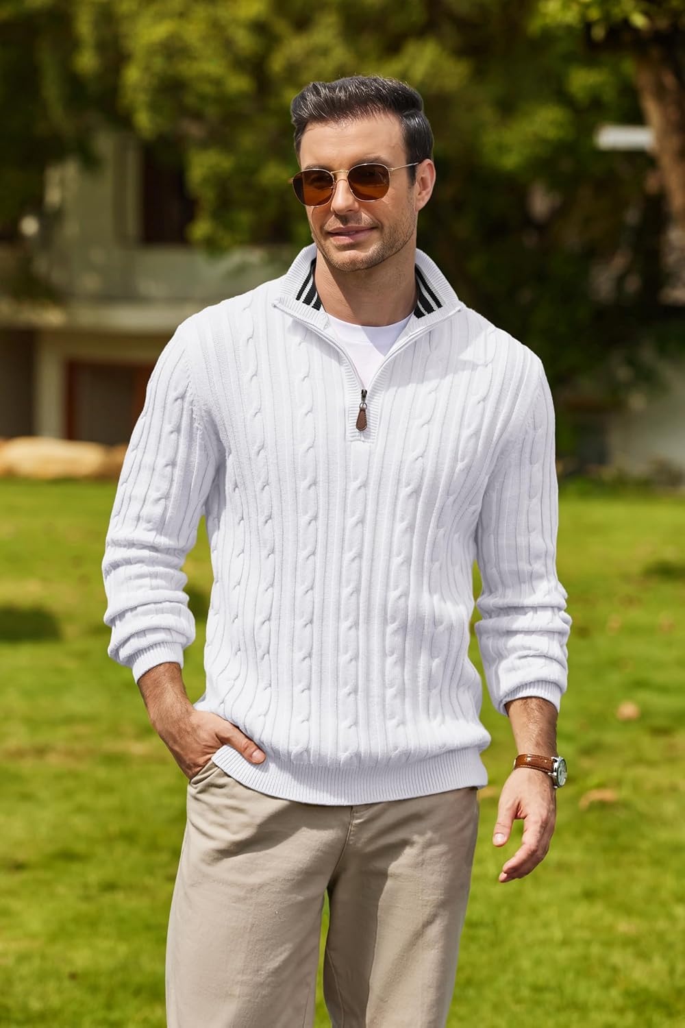 image:imageCOOFANDY Mens Quarter Zip Pullover Cable Knit Mock Neck Dress SweaterWhite