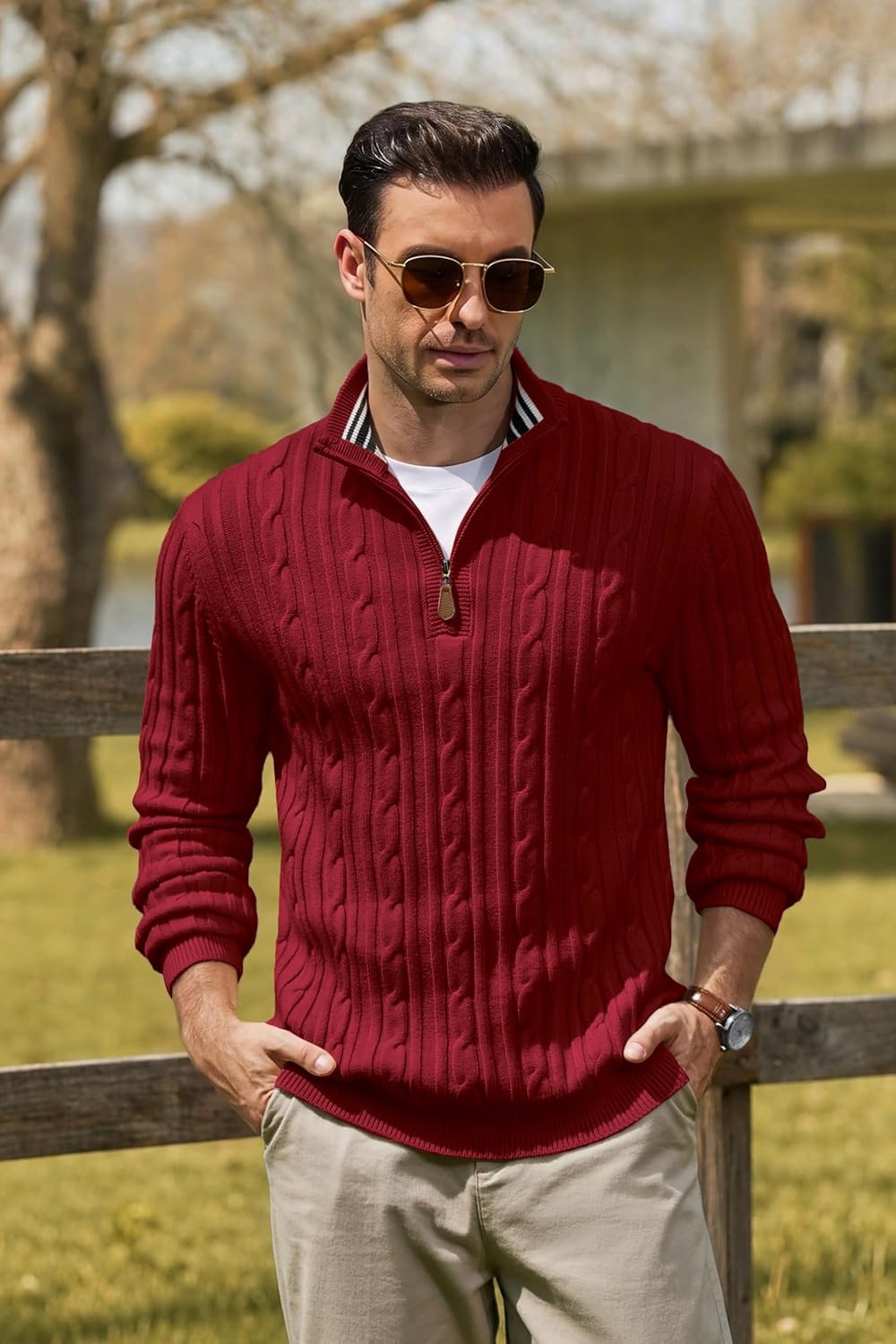 image:imageCOOFANDY Mens Quarter Zip Pullover Cable Knit Mock Neck Dress SweaterWine Red