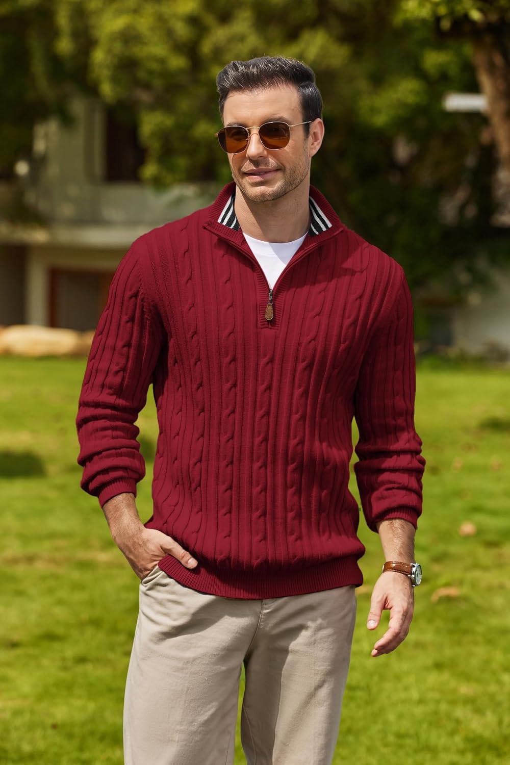 image:imageCOOFANDY Mens Quarter Zip Pullover Cable Knit Mock Neck Dress SweaterWine Red