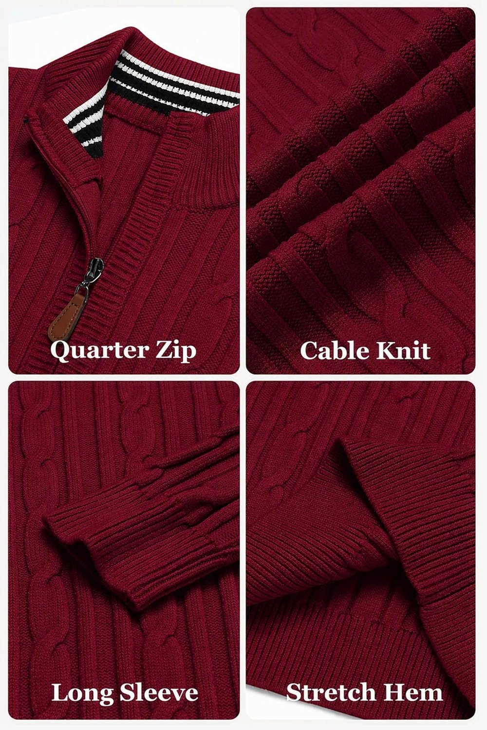 image:imageCOOFANDY Mens Quarter Zip Pullover Cable Knit Mock Neck Dress SweaterWine Red