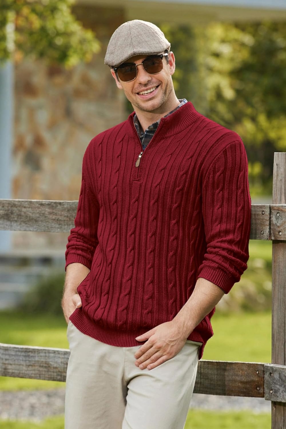 image:imageCOOFANDY Mens Quarter Zip Pullover Cable Knit Mock Neck Dress SweaterWine Red