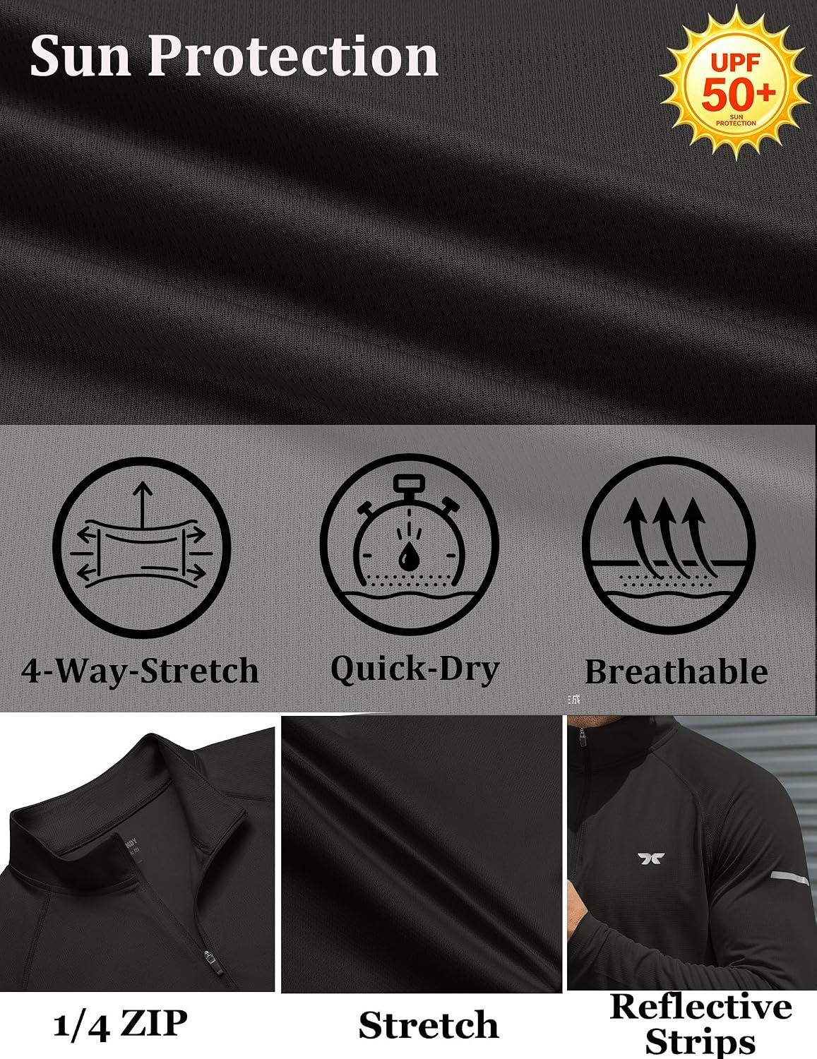 image:imageCOOFANDY Mens Quarter Zip Pullover UPF 50 Long Sleeve Athletic ShirtsBlack