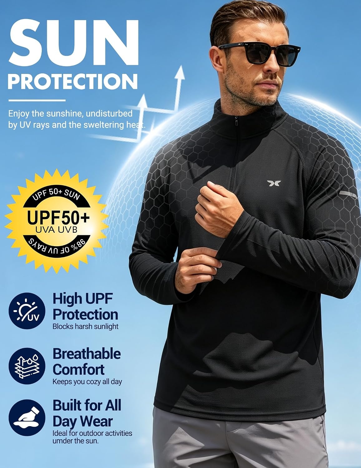 image:imageCOOFANDY Mens Quarter Zip Pullover UPF 50 Long Sleeve Athletic ShirtsBlack