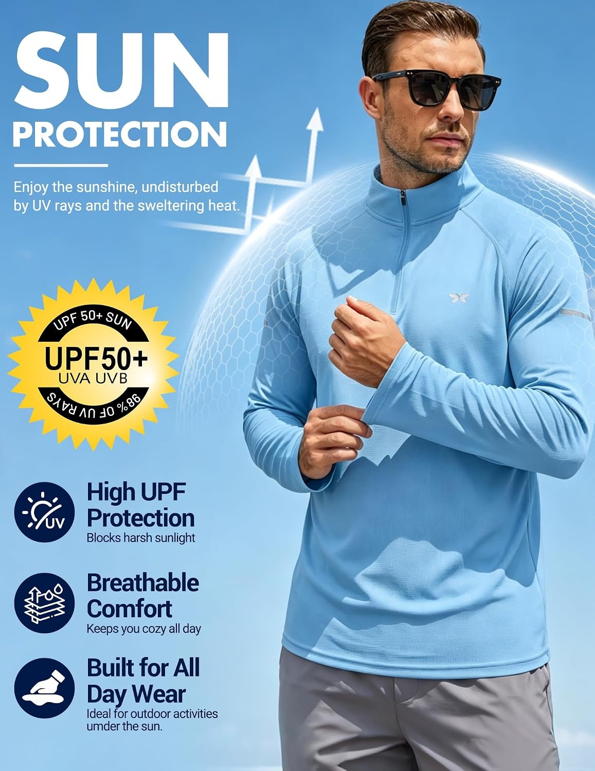 image:imageCOOFANDY Mens Quarter Zip Pullover UPF 50 Long Sleeve Athletic ShirtsBlue