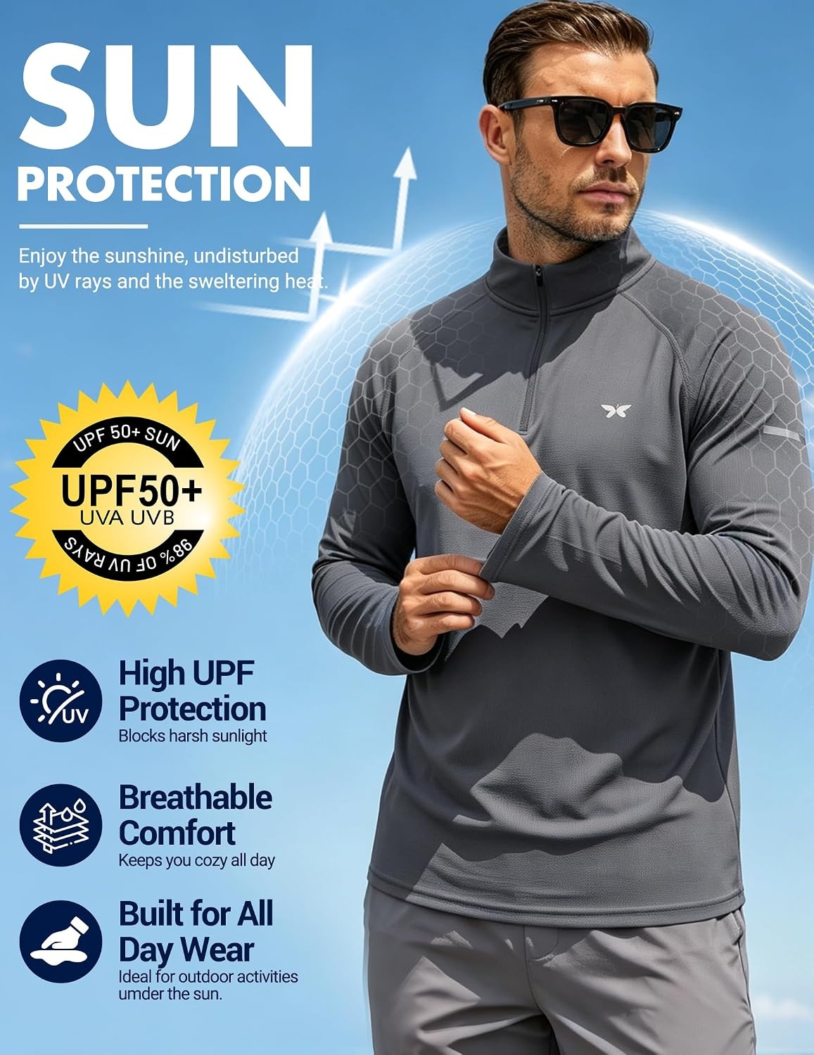 image:imageCOOFANDY Mens Quarter Zip Pullover UPF 50 Long Sleeve Athletic ShirtsDark Grey