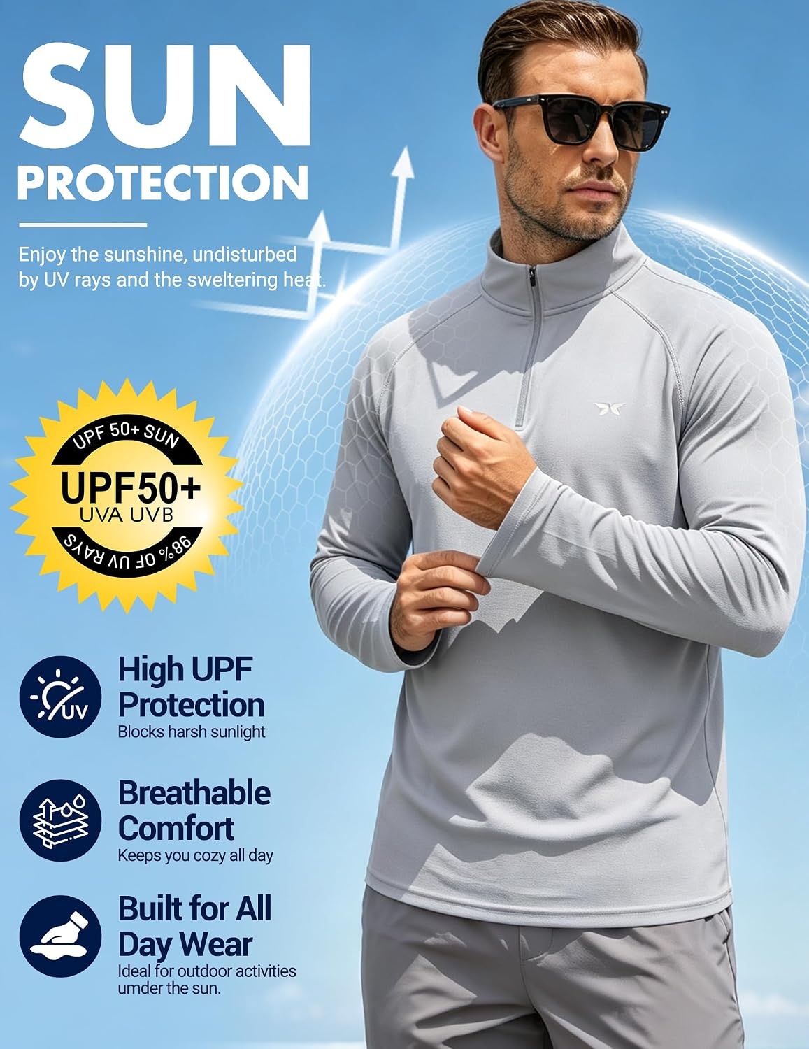 image:imageCOOFANDY Mens Quarter Zip Pullover UPF 50 Long Sleeve Athletic ShirtsLight Grey