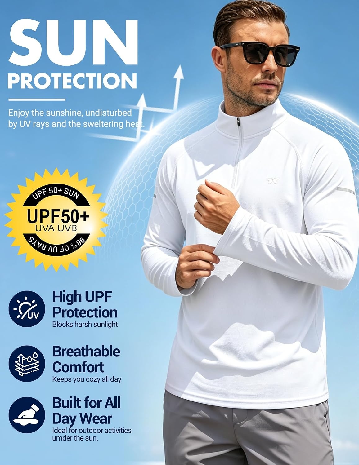 image:imageCOOFANDY Mens Quarter Zip Pullover UPF 50 Long Sleeve Athletic ShirtsWhite